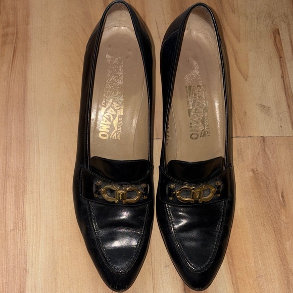 Salvatore Ferragamo Black Loafers with Gold Accent